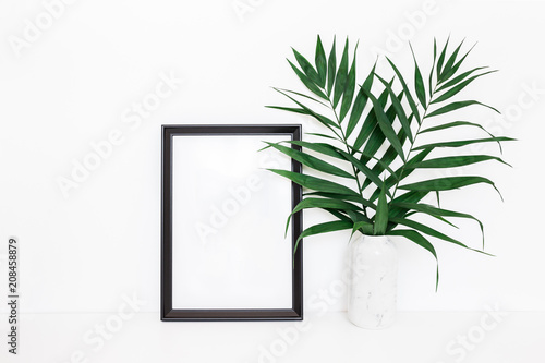 Tropical palm leaves, photo frame on white background. Summer concept. Front view, copy space