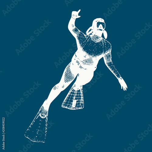 Silhouette of diver. Icon diver. The concept of sport diving. Vintage engraved illustration