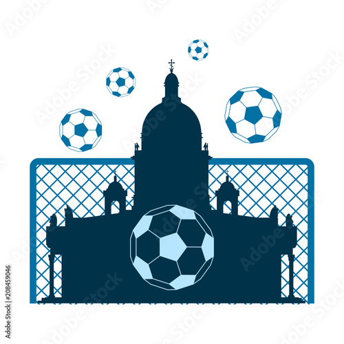 Football theme background. Soccer goal, ball and Saint Isaac Cathedral