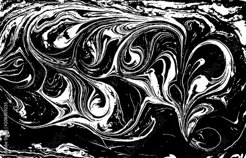 Black and white liquid texture. Hand drawn marbling illustration. Abstract vector background. Monochrome marble pattern.