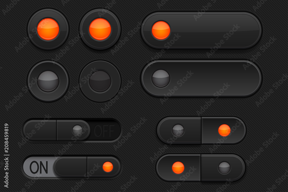 Black 3d buttons - sliders and radio buttons. Pushed and normal
