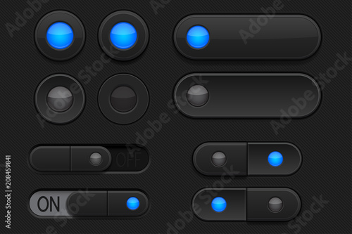Black 3d buttons - sliders and radio buttons. Pushed and normal