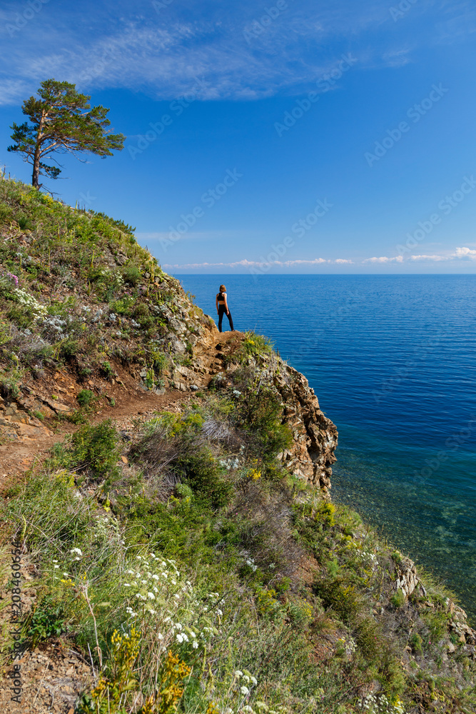 View of Baikal lake with a girl