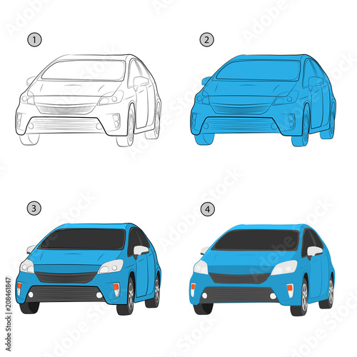 car drawing steps. painting illustration in vector