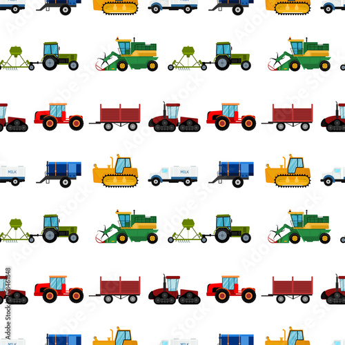 Agriculture industrial farm equipment seamless pattern background machinery tractors combines and excavators vector illustration.
