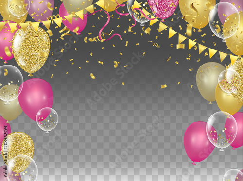 Yellow and Pink metallic baloons with gold flags and confetti on the upsteirs isolated on  background