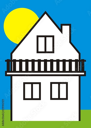 House and balcony, vector icon, white cottage and black contour, at background sky with sun