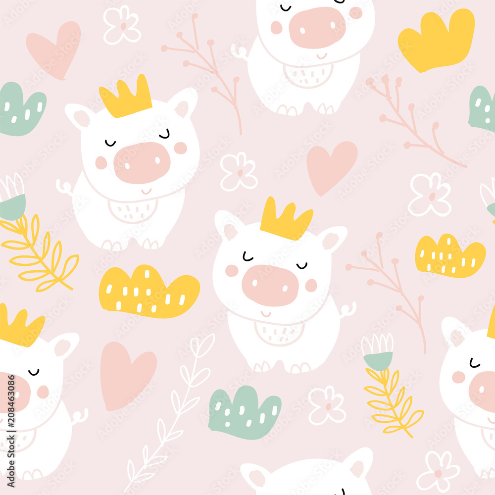 Cute pigs characters pink seamless pattern Cute pigs characters pink seamless pattern