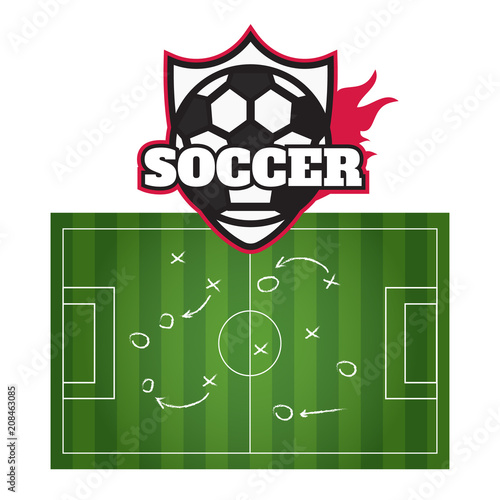 Blackboard showing a schematic game plan for football. Football or soccer game strategy plan