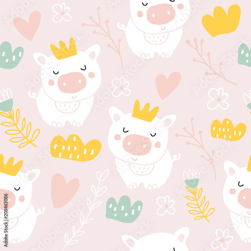 Cute pigs characters pink seamless pattern