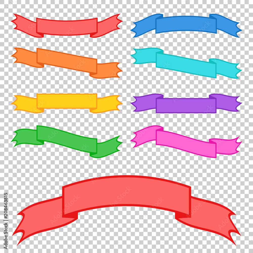 Set of colored ribbon banners. With space for text. A simple flat vector illustration isolated on a transparent background. Suitable for infographics, design, advertising, holidays, labels.