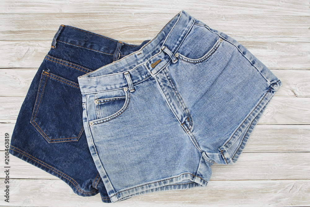 Short Denim on rustic white wooden Table Short Denim on rustic white wooden Table