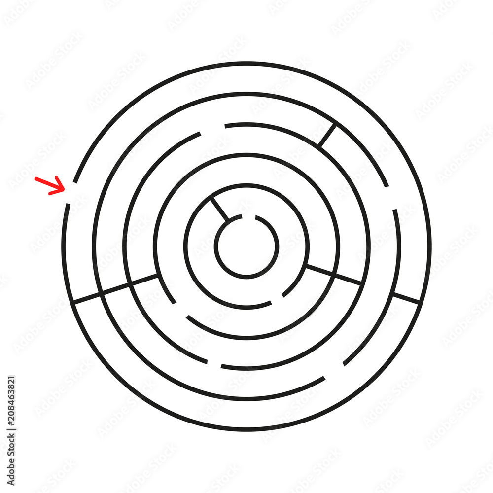 Round labyrinth. With the entrance and exit. An interesting game for children and adults. Simple flat vector illustration isolated on white background. Round labyrinth. With the entrance and exit. An interesting game for children and adults. Simple flat vector illustration isolated on white background.