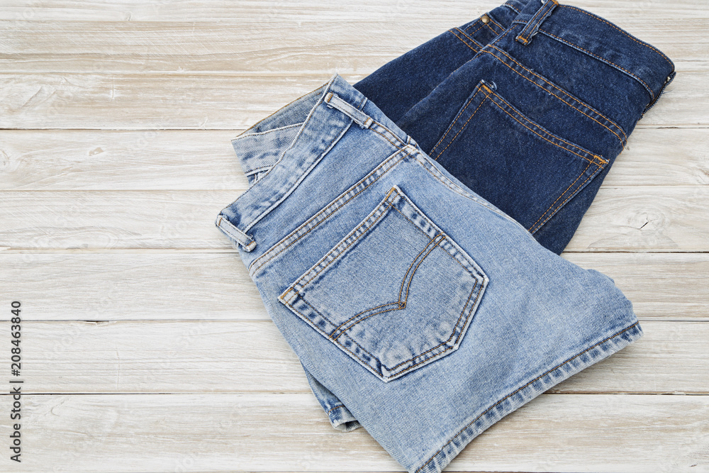 Short Denim on rustic white wooden Table Short Denim on rustic white wooden Table