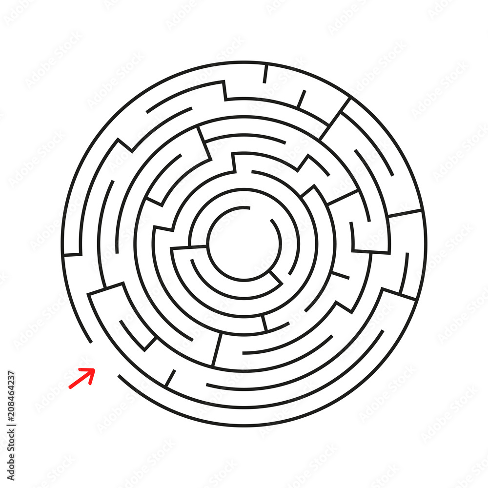 Round labyrinth. With the entrance and exit. An interesting game for children and adults. Simple flat vector illustration isolated on white background. Round labyrinth. With the entrance and exit. An interesting game for children and adults. Simple flat vector illustration isolated on white background.