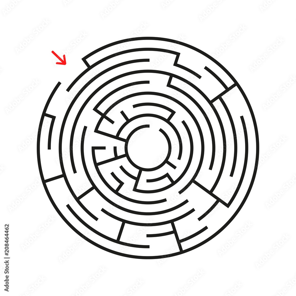Round labyrinth. With the entrance and exit. An interesting game for children and adults. Simple flat vector illustration isolated on white background. Round labyrinth. With the entrance and exit. An interesting game for children and adults. Simple flat vector illustration isolated on white background.