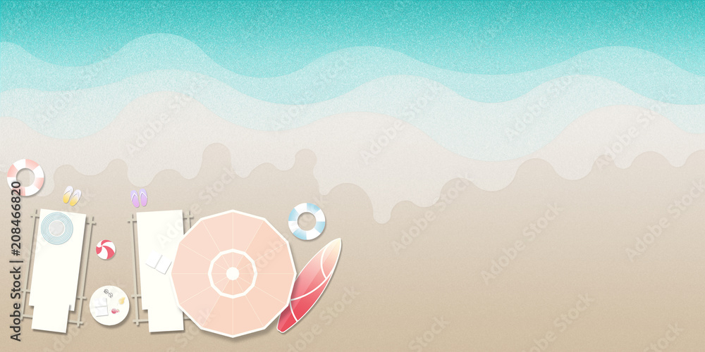 Beach bed, colorful beach umbrellas,life rings and more for beach vacation - Illustration