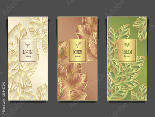 Set Template for package or flyer from Luxury background made by foil leaves in gold pearl beige bronze olive for cosmetic or perfume or for package of tea or for alcohol label or for brand book