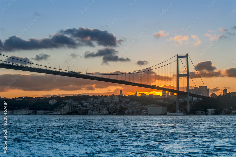 Istanbul, Turkey, 12 July 2016: Sunset of Bosphorus Bridge