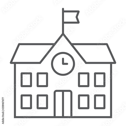 School building thin line icon, school and education, architecture sign vector graphics, a linear pattern on a white background, eps 10.