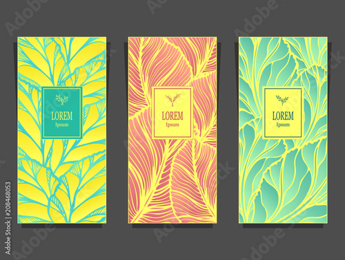 Set Template for package or flyer from Luxury background made by foil leaves in yellow blue pink peachy for cosmetic or perfume or for package of tea or for alcohol label or for brand book © kulik_oks