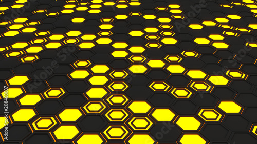 Abstract 3d background made of black hexagons on orange glowing background