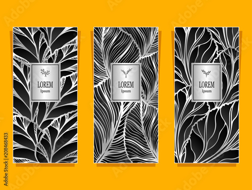 Set Template for package or flyer from Luxury background made by foil leaves in silver black for cosmetic or perfume or for package of tea or for alcohol label or for brand book