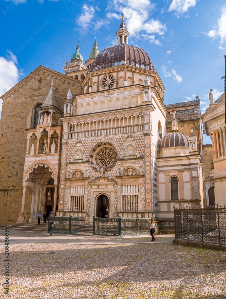 Facade of the Basilica of Santa Maria Maggiore and Cappella Colleoni in Citta Alta of Bergamo, Italy on a sunny day