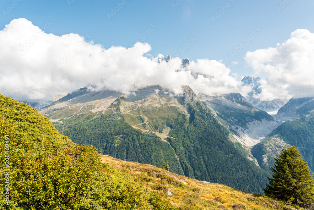 Views over Chamonix and Mont Blanc in Auvergne-Rhône-Alpes in France