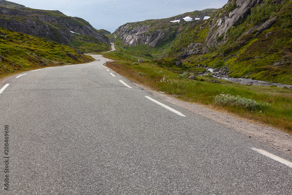 The picturesque twisting road through the mountain pass, Rogaland, Norway