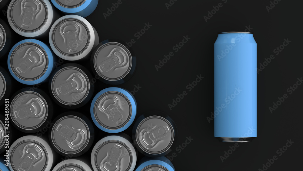 Big black, white and blue soda cans on black background Big black, white and blue soda cans on black background