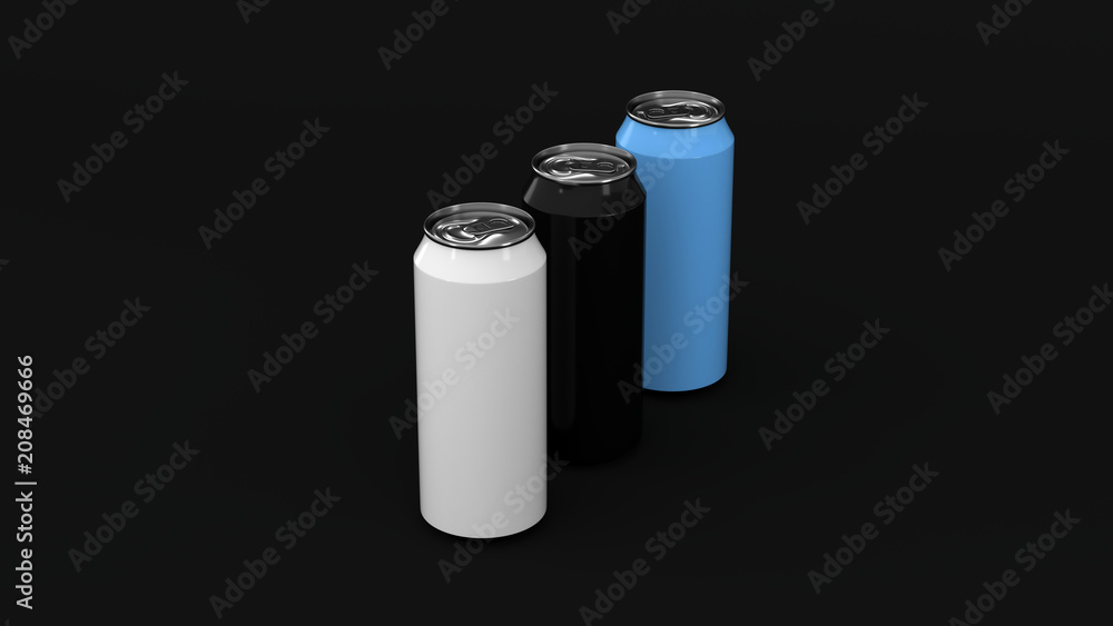 Raw of black, white and blue soda cans Raw of black, white and blue soda cans