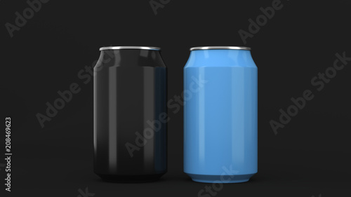 Two small black and blue aluminum soda cans mockup on black background