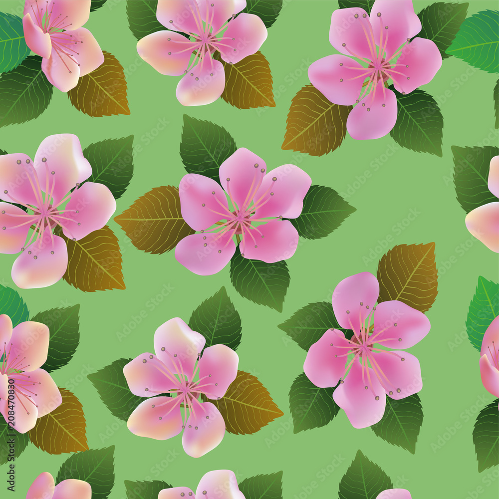 Vector seamless spring background with white and pink flowers with green and yellow leaves Vector seamless spring background with white and pink flowers with green and yellow leaves