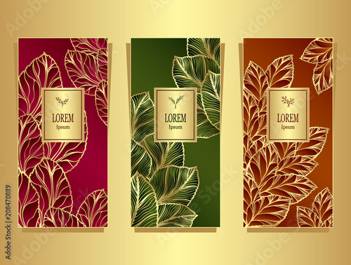 Set Template for package or flyer from Luxury background made by foil leaves in gold red green orange for cosmetic or perfume or for package of tea or for alcohol label or for brand book
