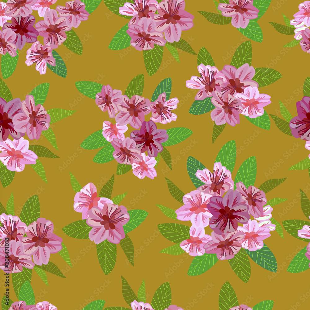 Vector seamless spring background with white and pink flowers with green and yellow leaves Vector seamless spring background with white and pink flowers with green and yellow leaves