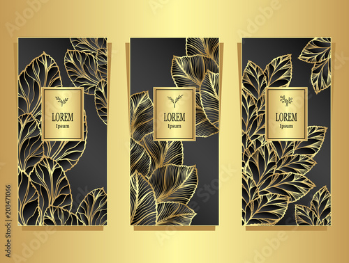 Set Template for package or flyer from Luxury background made by foil leaves in black gold for cosmetic or perfume or for package of tea or for alcohol label or for brand book