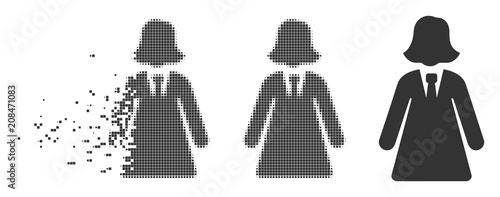 Fractured business lady dotted icon with disintegration effect. Halftone dotted and intact entire gray variants are included. Square fragments are organized into disappearing business lady form.
