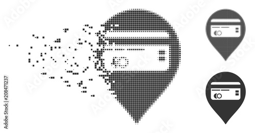 Dissolved credit card pointer pixel icon with disintegration effect. Halftone pixelated and intact solid gray variants are included.