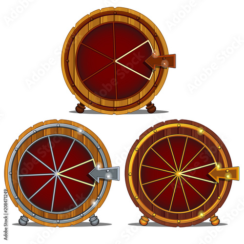 A set of wooden wheel of fortune isolated on a white background. Vector illustration.