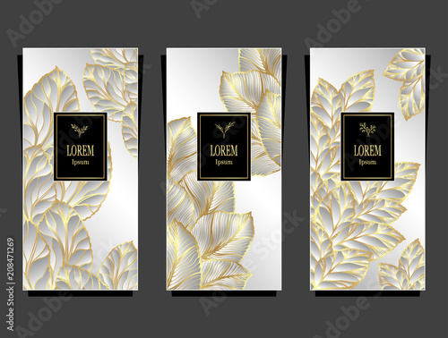Set Template for package or flyer from Luxury background made by foil leaves in silver gold for cosmetic or perfume or for package of tea or for alcohol label or for brand book