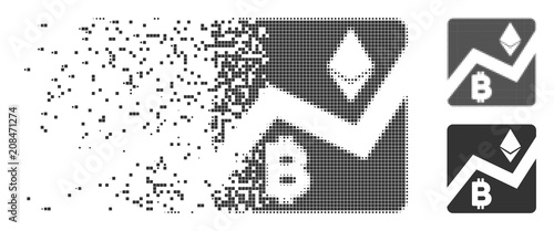 Dispersed cryptocurrency exchange market dotted icon with disintegration effect. Halftone dotted and undamaged entire grey variants are included.