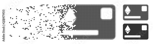 Fractured Ethereum credit card pixel icon with disintegration effect. Halftone pixelated and intact whole gray variants are included.
