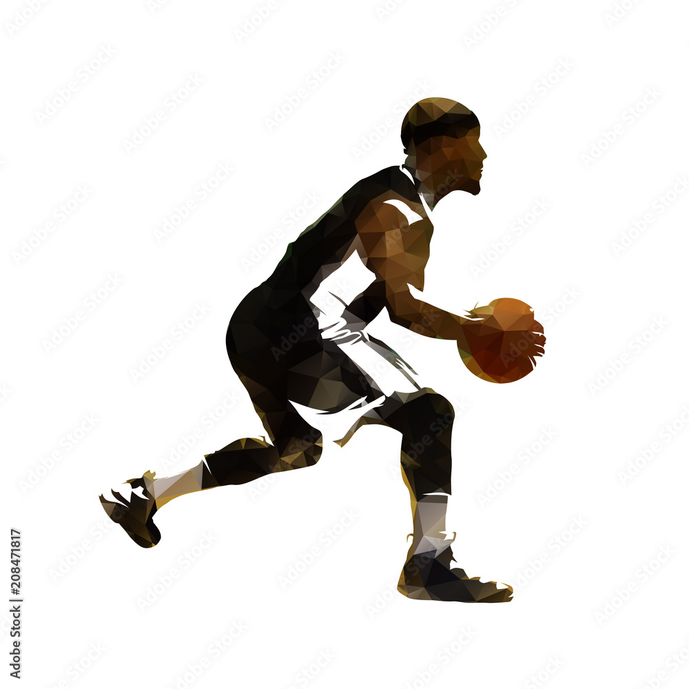 Naklejka premium Polygonal basketball player in black jersey dribbling. African american athlete with ball. Low poly vector illustration