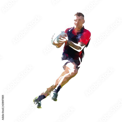 Rugby player in dark jersey running with ball, colorful polygonal vector  illustration. Low poly Stock Vector | Adobe Stock