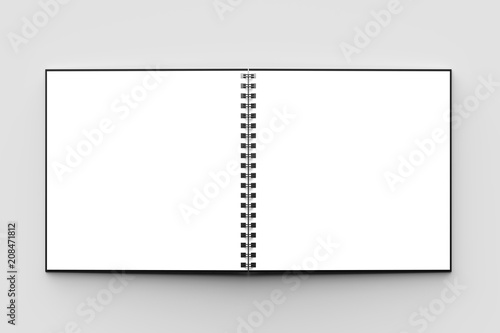 Spiral binder square notebook mock up with black cover isolated on soft gray background. 3D illustration.