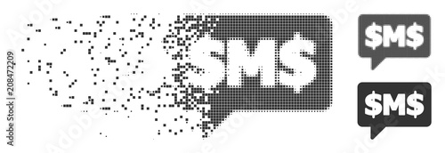 Dissolved SMS bubble pixel icon with disintegration effect. Halftone pixelated and intact whole grey versions are included. Rectangle pixels are arranged into disappearing SMS bubble shape.