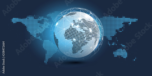 Digital Network Connections, Technology Background - Cloud Computing Design Concept with Spotted Earth Globe and World Map