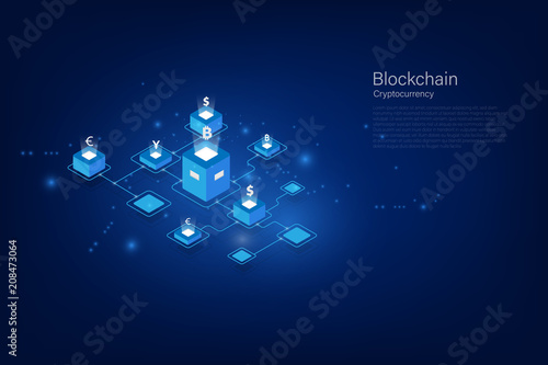 Cryptocurrency and blockchain isometric Money transfer. Global Currency. Stock Exchange. Stock vector illustration.