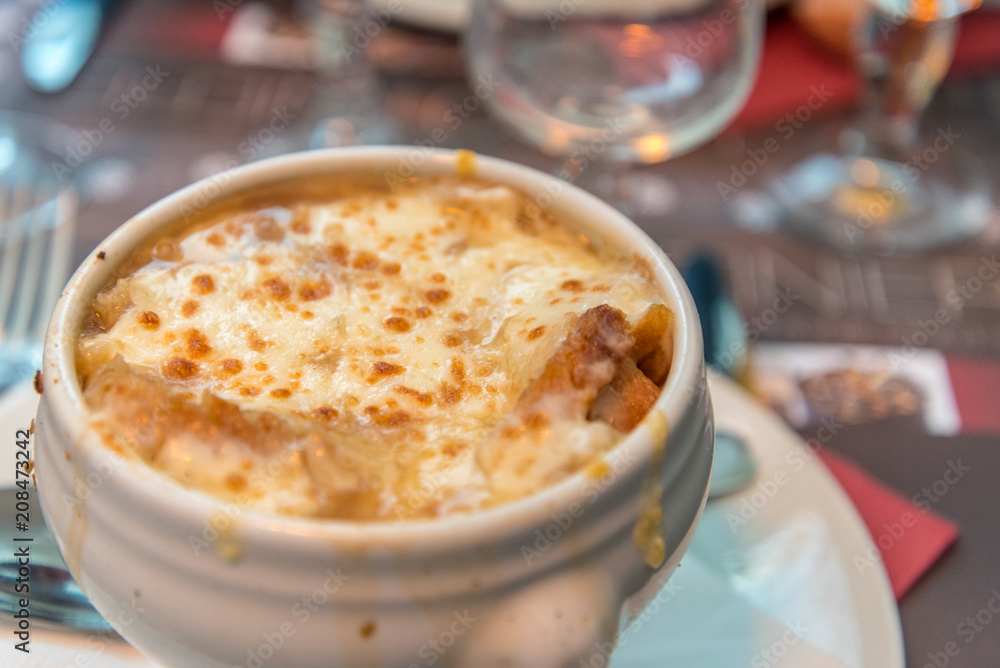 French Onion Soup served in a restaurant in Chamonix, Auvergne-Rhône-Alpes in France
